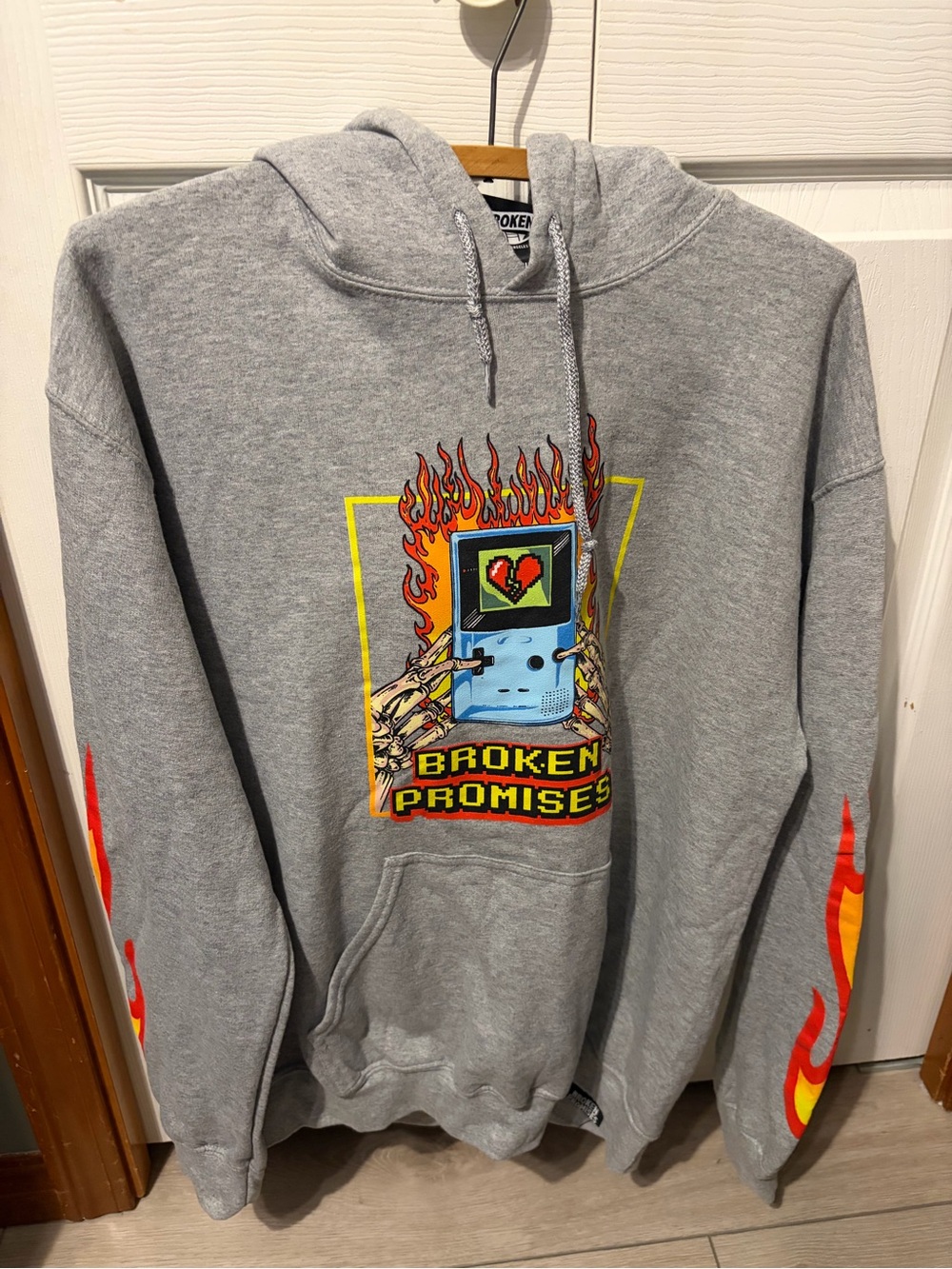 Gray Graphic Hoodie with Flame Sleeves